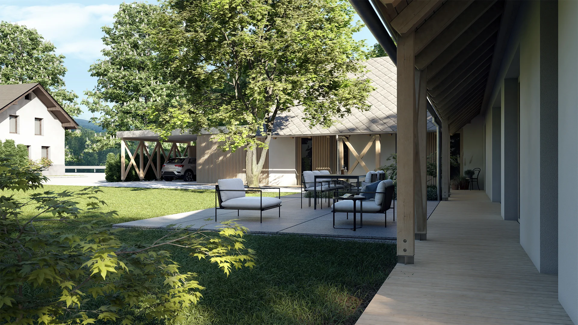 Senčna terasa pred atrijsko hišo